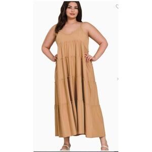 Zenana NWOT Dk Brush V-Neck Cami Maxi Tiered Dress with Side Pockets Sizes 2X-3X
